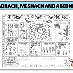 May include: A black and white printable activity sheet titled Shadrach, Meshach and Abednego featuring nine educational tasks including a maze, counting exercises, and coloring sections centered around a biblical narrative illustration.