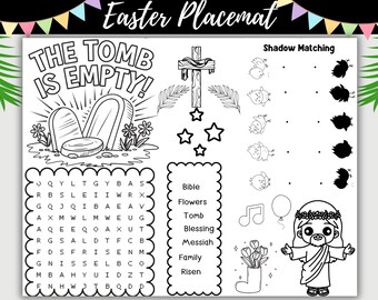 Christian Easter Placemat–Printable Bible Word Search, Resurrection Story Craft, Fun Games, and Coloring Activities for Kids  Sunday School