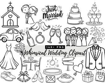 Pacote de Clipart para Casamento com Tema de Fantasia, Ilustrações Divertidas em Estilo Doodle, Ícones para Convites, Cardápios, Convites de Casamento, Save the Date, Download Digital