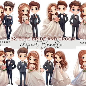 Clipart de casamento de noiva e noivo, clipart de casamento fofo, arquivos Png de amor,elementos de casamento Png, personagens fofinhos, confecção de cartões, download digital