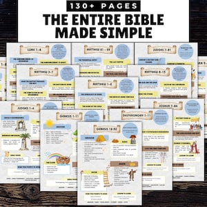Könnte beinhalten: Eine Sammlung illustrierter Seiten mit dem Titel „The Entire Bible Made Simple“. Die Seiten zeigen farbenfrohe Grafiken und Texte mit Kapiteltiteln wie Genesis, Matthäus und Richter. Der Text „130+ PAGES“ befindet sich oben.