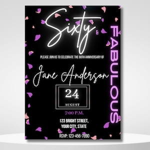 Sixty and fabulous, 60Th Birthday Invite, 60th Birthday Party, Sixty Birthday Ladies Invitation, 60 Editable Template, Instant Download,