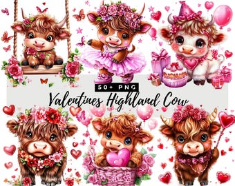 Cute Valentines Highland Cow Clipart, Valentine's Day Cow PNG, Watercolor Cute Highland Cow, Adorable Farm Animal Clipart, Commercial Use
