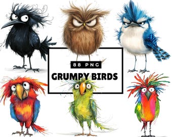 Grumpy Birds Clipart, Quirky Bird Clip Art Bundle, Whimsical Humorous Bird Art Illustrations, Sublimation Clip Art Card Making