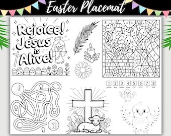 Printable Christian Easter Placemat, Bible Word Search, Fun Games, Coloring Activities, and Resurrection Story Craft for Kids Sunday School