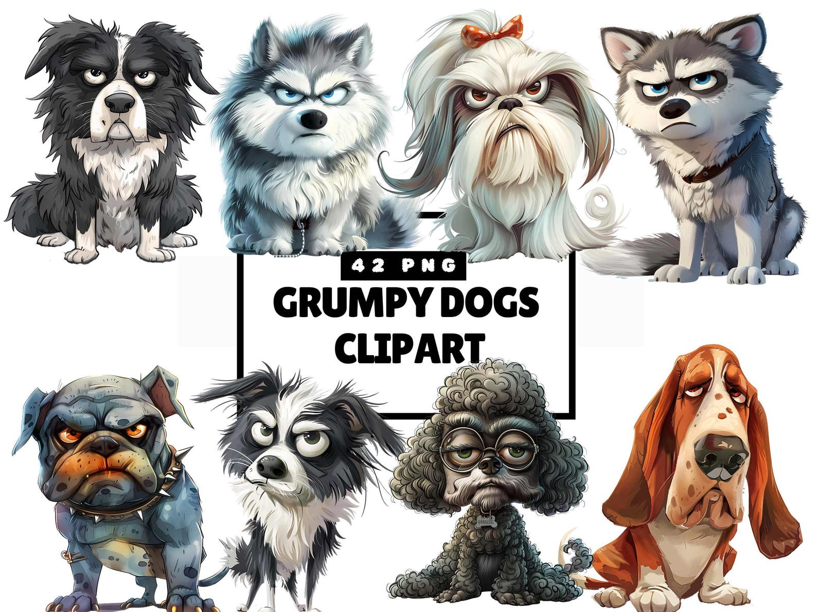 Grumpy Dog Clipart, Funny Faced Dogs, Quirky Dogs Png, Cartoon Style ...