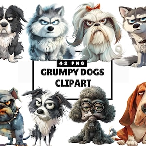 Könnte beinhalten: Illustrationen von grimmigen Hunden verschiedener Rassen, darunter ein Husky, eine Bulldogge und ein Pudel. Das Bild enthält den Text "42 PNG GRUMPY DOGS CLIPART". Jeder Hund hat einen eigenen Ausdruck und eine eigene Farbpalette.
