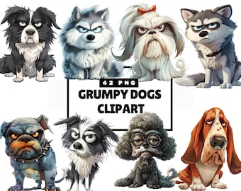 Grumpy Dog Clipart, Funny Faced Dogs, Quirky Dogs Png, Cartoon Style Dogs, Quirky Animals Bundle Svg