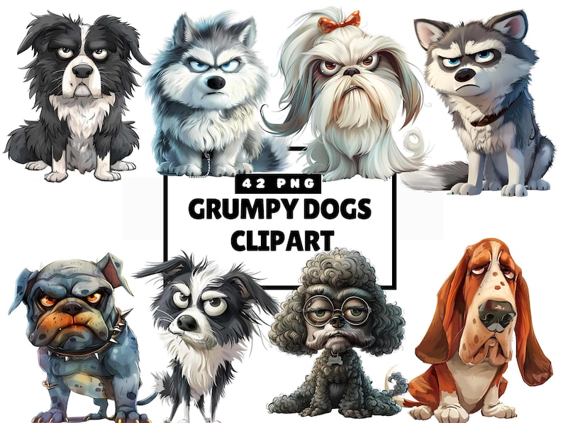 May include: A collection of cartoon illustrations of grumpy dogs in various breeds, including a husky, bulldog, and poodle. The image includes the text "42 PNG GRUMPY DOGS CLIPART". Each dog has a distinct expression and color palette.