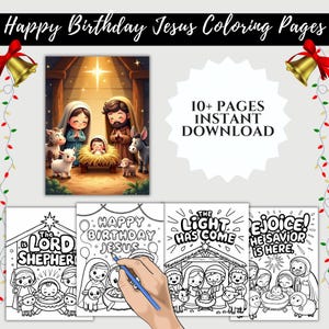Happy Birthday Jesus Coloring Pages, Kids Church Craft, Printable Christmas Coloring Activity,   Fun Nativity Holiday Art, Sunday School