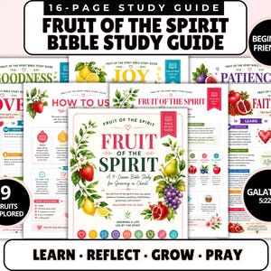 May include: A 16-page Fruit of the Spirit Bible study guide featuring colorful illustrations of fruits like strawberries, grapes, and pomegranates. The pages include text sections for learning, reflecting, growing, and praying, with specific references to Galatians 5:22-23.