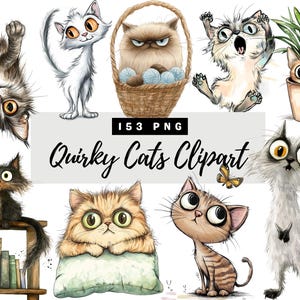 Watercolor Quirky Cats Clipart, Cute Funny Kitten Clip Art, Sublimation Quirky Animals, Whimsical Cats, Quirky Cats Png Cat lover designs