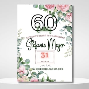 Floral 60th birthday invitation for women, floral invite, floral invitations, digital download, birthday party, blush flowers invite sixty