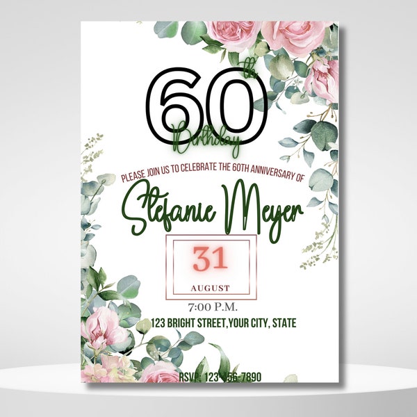 Floral 60th birthday invitation for women, floral invite, floral invitations, digital download, birthday party, blush flowers invite sixty