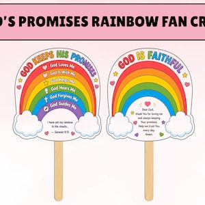 Può includere: Due ventagli a mano a tema arcobaleno con bastoncini di legno. Il ventaglio sinistro presenta il testo 'GOD KEEPS HIS PROMISES' e sei frasi con icone. Il destro mostra 'GOD IS FAITHFUL' sopra una preghiera. Entrambi includono nuvole, cuori e stelle.