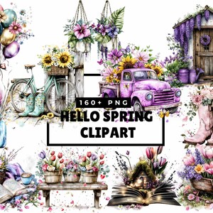 Hello Spring Clipart PNG Collection, Watercolor Floral Png, Boho Spring Flowers, Garden Basket, Scrapbooking,Balloon