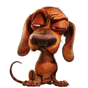 May include: A cartoon illustration of a brown dog with droopy eyes and ears, and a curled tail. The dog has a large nose and appears to be tired or sleepy. The background is plain white.