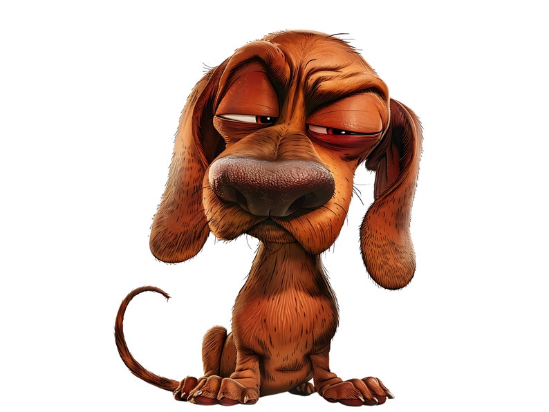 May include: A cartoon illustration of a brown dog with droopy eyes and ears, and a curled tail. The dog has a large nose and appears to be tired or sleepy. The background is plain white.