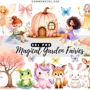 Watercolor Magical Garden Fairies Clipart PNG, Enchanted Forest Cute Fantasy Fairy Illustrations, Whimsical Nursery Decor, Digital Download