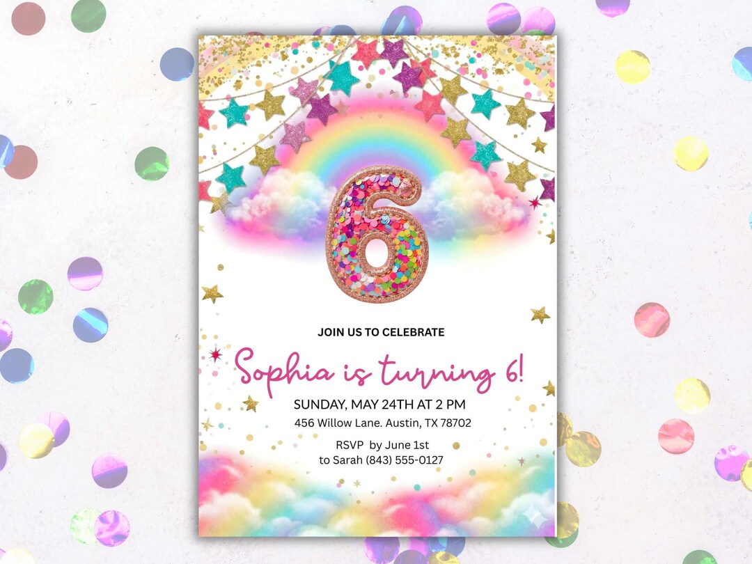 Editable Rainbow Sequin 6th Birthday Invitation, Pink Rainbow Girl ...