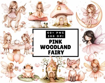 Pink Woodland Fairy clipart, aquarel bos feeën, decor betoverde fantasie, babyshower graphics, magische verjaardagsfeestje, png png