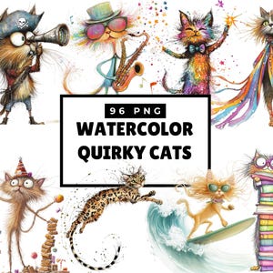 Watercolor Quirky Cats Clipart Bundle, Funny Cats, Whimsical Cats Clip Art, Commercial Use, Cute Cats Sublimation PNG, Funny Cute Animals