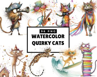 Watercolor Quirky Cats Clipart Bundle, Funny Cats, Whimsical Cats Clip Art, Commercial Use, Cute Cats Sublimation PNG, Funny Cute Animals