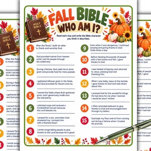 May include: A Fall Bible Who Am I game sheet featuring a list of fifteen numbered clues about biblical figures. The design includes illustrations of a brown Holy Bible, orange pumpkins, and autumn leaves. A silver pen rests on the bottom right.