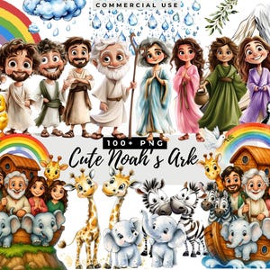Cute Noah&#39;s Ark Watercolor Clipart, Adorable Baby Animal Illustrations, Nursery Decor, Bible Story Art, Christian Digital Download Graphics