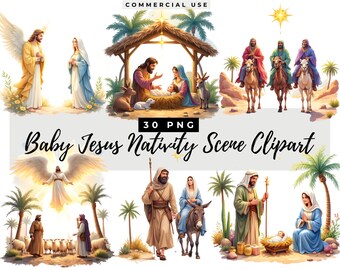 Clipart de Natividad Navideña en Acuarela, Descarga Digital, Imágenes de Historias Bíblicas, Personajes Bíblicos, Reyes Magos, María la Virgen, Jesús