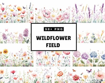 Wild flower Borders, Wildflower Clipart PNG, Watercolor Floral Design Bundle, Summer Wedding Decor, Invitation Graphics