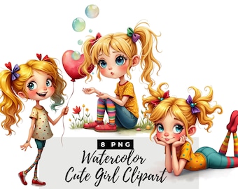 Quirky Cute Girl Clipart, Cute Watercolor Illustrations, Whimsical Girl Clip Art, Watercolor PNGs, Printable Cute Doll Art for Junk Journals
