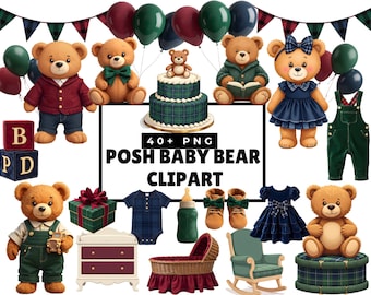 Akwarelowy, boho, pluszowy miś, elegancki baby shower z misiem, zestaw z misiem polo w kratkę do pokoju dziecięcego w formacie PNG
