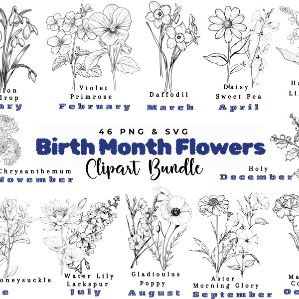 Birth Month Flowers Svg, Birthday Flower Svg, Birth Month Flower Bouquet Png Bundle,Botanical Clipart, Wildflower Bouquet, Instant Download