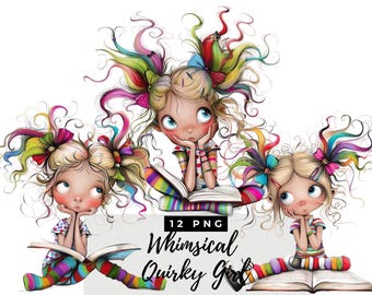Image clipart fille fantasque, clipart fille originale, lot de cliparts fille originale mignonne, personnage aquarelle drôle, designs mignons pour travaux manuels, journaux