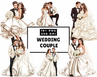Imágenes prediseñadas de pareja de novios, imágenes prediseñadas de novios, ilustraciones románticas de bodas, archivos PNG para uso comercial, descarga digital