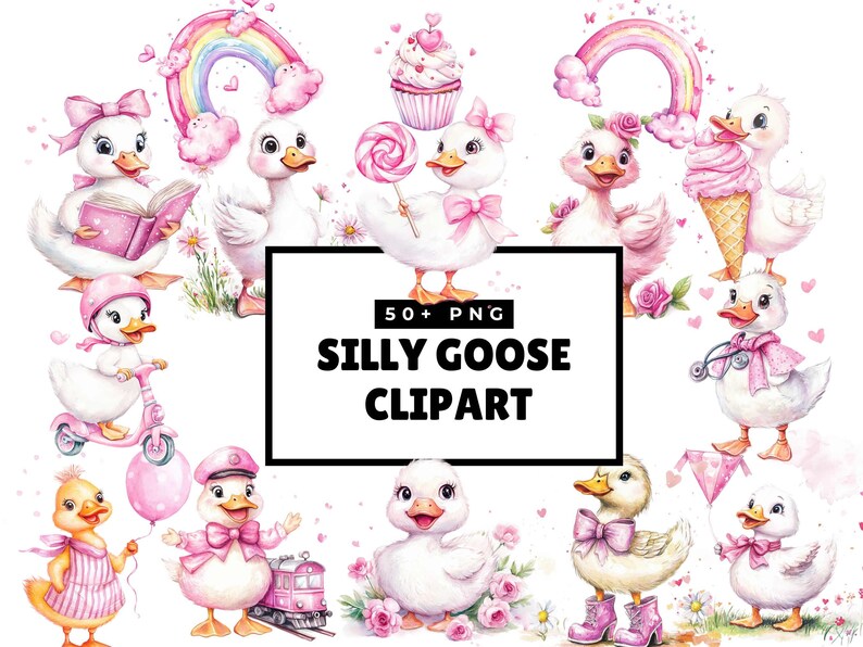 Silly Goose Clipart, Pink Watercolor Illustrations for Baby Shower ...