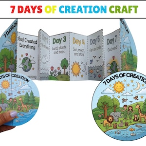 Pode incluir: Um conjunto de artesanato 7 Days of Creation com um livreto de papel em estilo acordeão de vários painéis, com ilustrações e texto para cada dia, além de dois discos de papel circulares que retratam uma paisagem colorida com animais e árvores.