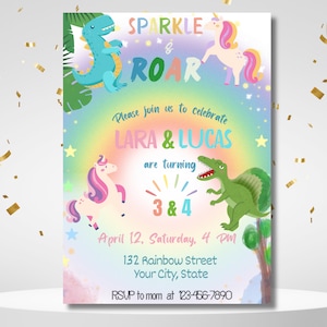 Unicorn And Dinosaur Invitation, Sibling Birthday Digital Invite Editable Template, Boy Girl Invitation, Twin Invite, Digital Download