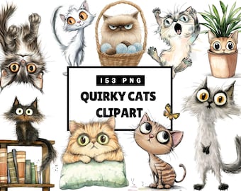 Watercolor Quirky Cats Clipart, Cute Funny Kitten Clip Art, Sublimation Quirky Animals, Whimsical Cats, Quirky Cats Png Cat lover designs
