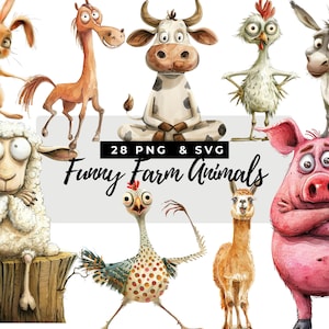 Clipart di animali da fattoria eccentrici dell'acquerello, pollo divertente, pecore divertenti, animali da fattoria carini, download digitale di caricature di animali domestici carini, uso commerciale