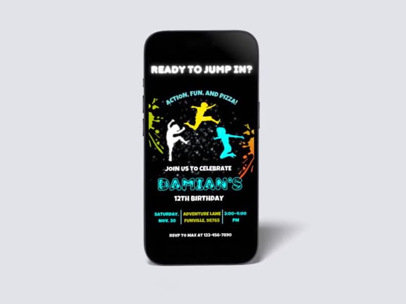 Urban Air Birthday Party Invitation Trampoline Park Invite Neon Jump