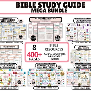 May include: A Bible Study Guide Mega Bundle featuring 8 resources and 400+ pages. The collection includes printable inserts and study guides for topics like Women of the Bible, Armor of God, Fruit of the Spirit, Parables of Jesus, and Promises of God.