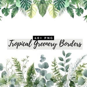 Watercolor Tropical Greenery Border Clipart, PNG Digital Download Collection for Summer Weddings, Foliage Art Designs Bundle, Commercial Use