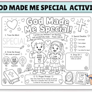 May include: A black and white printable activity sheet titled God Made Me Special featuring a boy and girl illustration, a Bible, a checklist, a prayer prompt, and tracing exercises. The page includes hearts, flowers, and stars for coloring.