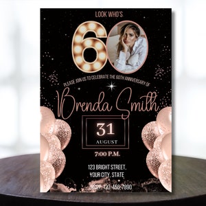 Look Who's 60, 60. Geburtstag einladen, 60. Geburtstagsparty, bearbeitbare Vorlage, schwarze Fotoeinladung, Einladungsvorlage, Sofort-Download