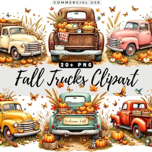 May include: Watercolor illustration of six vintage trucks filled with pumpkins, hay bales, and flowers. The image includes the text "Fall Trucks Clipart" and "20+ PNG". Butterflies and fall leaves are scattered around the trucks.