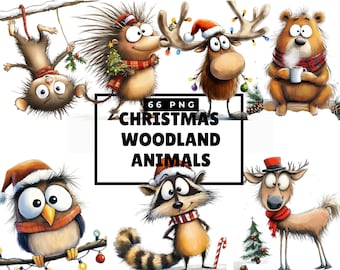 Christmas Woodland Animals Clipart, Funny Forest Animals PNG, Quirky Bear and Wolf Clipart, Winter Woodland Christmas Bundle