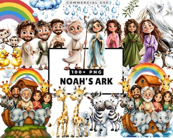 Noah's Ark Clipart Watercolor, Adorable Baby Animal Illustrations, Nursery Decor, Bible Story Art, Christian Digital Download Graphics