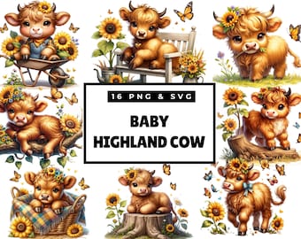 Watercolor Sunflower Highland Cows Collection Clipart, Baby highland cow png, Highland cow svg, Baby Cow Clipart Bundle, Baby Animal Clipart